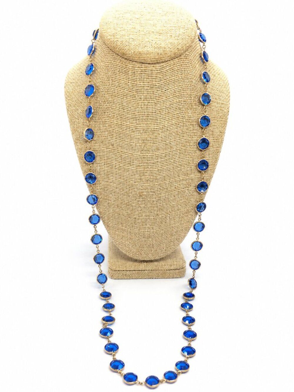 Vintage Open Bezel Necklace Cobalt Blue Glass Crystal Gold Tone Long Station